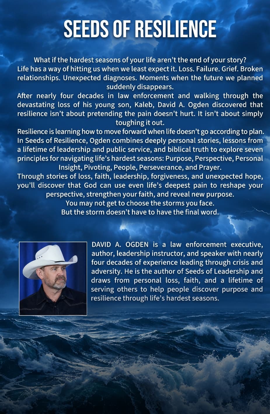 Back cover of Seeds of Resilience with the book description and author portrait